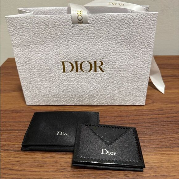 NWT Dior Black Purse Mirror with Silver Dior Logo & Satin Pouch with Logo. - Picture 1 of 2